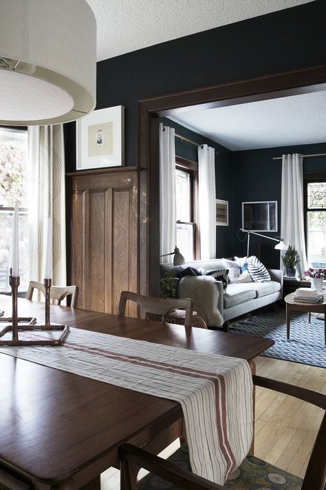 Dark Walls Compliment Unpainted Natural Woodwork | Deuce Cities Henhouse Dark Wall Trim Ideas, Dark Wood Trim Interior Design, Dark Natural Home Decor, Black Wall Wood Trim, Wood Trim Dark Walls, Living Room Paint With Wood Trim, Wood Trim Black Walls, Green Walls Dark Trim, Black Wood Apartment