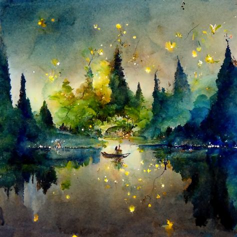 lake avalon, magical lake, fairies, floating fairies, fireflies, golden water, trees surrounding magical lake, fairies floating around edge of lake, tiny fairies, excalibur at bottom of lake, magical, nature, overgrown, 4k, watercolor and fine line, whimsical Abstract Whimsical Art, Watercolor Magic Forest, Magical Watercolor Paintings, Firefly Watercolor Paintings, Whimsical Nature Art, Lake At Night Painting, Magical Landscape Painting, Firefly Paintings, Watercolor Fireflies