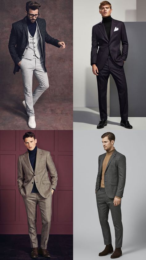 How to wear a roll or turtle neck with a suit or blazer Suit Jacket With Turtle Neck Men, Mock Neck Suit Men, Turtle Neck And Suit Men, Turtle Neck Suit Men Wedding, Turtle Neck Tuxedo Men, Blazer And Turtleneck Outfits Men, Turtle Neck And Blazer Men, Sweater Suit Men, Turtle Neck Suits Men