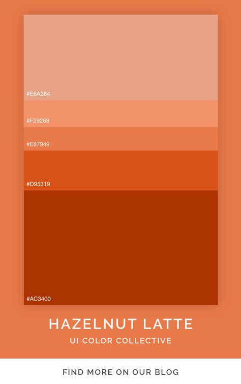 Brown and earthy color palette themed after a hazelnut coffee. Use these colors to inspire your next interior design or painting project. Orange To Brown Color Palette, Hazelnut Color Palette, Orange Color Palette Hex Codes, Pastel Orange Color Palette, Brown Orange Color Palette, Orange Brown Color Palette, Bakery Color Palette, Latte Color Palette, Coffee Color Palette