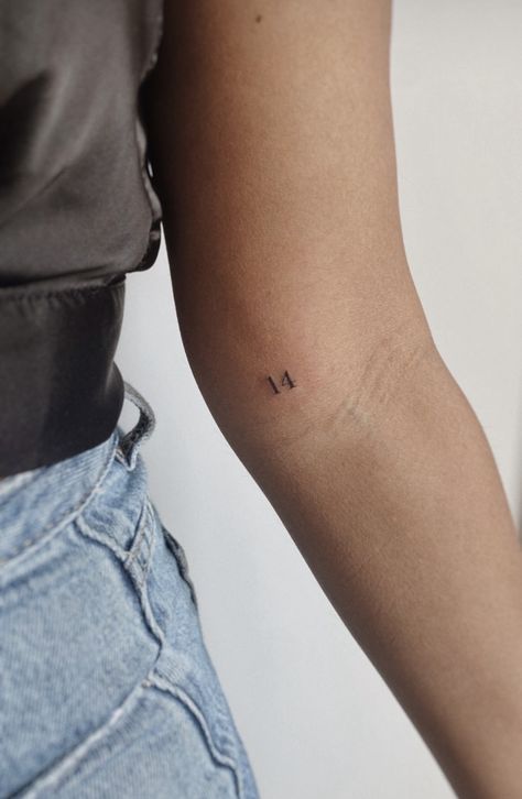 Number Tattoo Locations, Small Word Tattoos Arm, Inside Arm Small Tattoo, Dainty Number Tattoo Placement, Tattoos With Numbers Ideas, Small F Tattoo, Small Tattoo Numbers, 16 Number Tattoo, Delicate Tattoo Locations