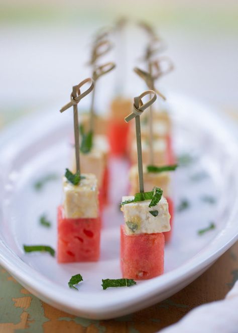 Watermelon & Marinated Tofu “Feta” Skewers Fall Wedding Appetizer Ideas, Watermelon Skewers, Feta Watermelon, Tofu Skewers, Lentil Vegetable Soup, Tofu Feta, Heathy Snack, Wedding Appetizers, Marinated Tofu