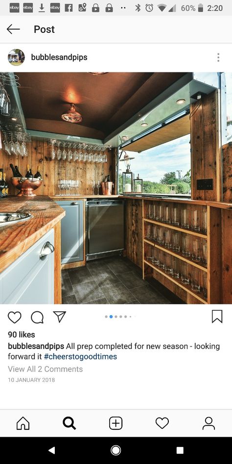 Bar On Wheels Food Truck, Caravan Bar Ideas, Unique Mobile Bar Ideas, Enclosed Trailer Bar, Beverage Trailer Interior, Mobile Bar Trailer Interior Ideas, Horse Trailer Bar Interior Ideas, Inside Horse Trailer Bar, Trailer Bar Interior