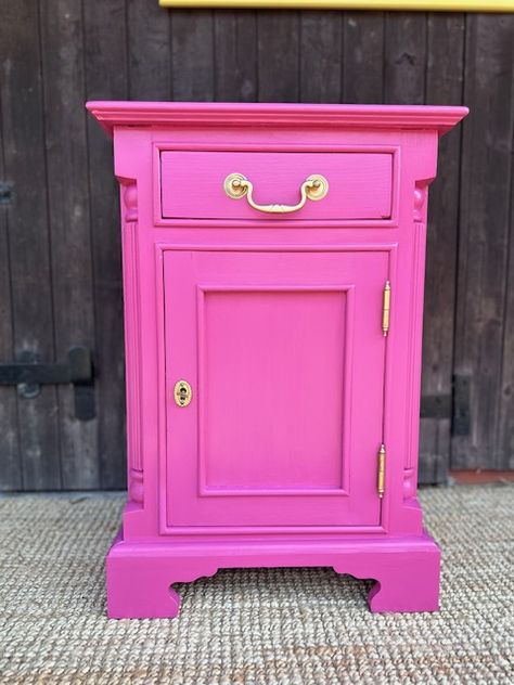 Hot Pink Bedside Table, Bright Bedside Table, Bold Bathrooms, Painted Antique Furniture, Hot Pink Furniture, Pink Bedside Tables, Tall Bedside Table, Furniture Transformation, Pink Dresser