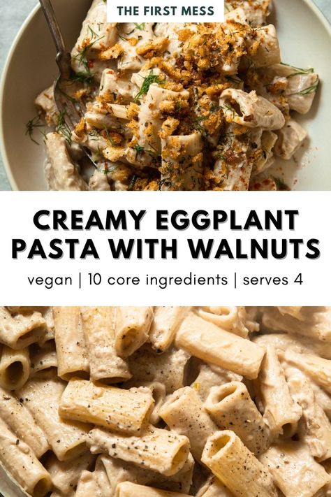 This creamy vegan eggplant pasta is a flavorful addition to your vegan pasta dinner lineup. Made with eggplant, lemon, garlic, olive oil, and crunchy spiced bread crumbs, this is one of the most satisfying vegan comfort food recipes for Fall meal planning. If you've been looking for eggplant dinner recipes or just some some new vegan pasta recipes, look no further! Easy Egg Plant Recipes, Wfpb Eggplant Recipes, Vegan Tuscan Recipes, Fall Eggplant Recipes, Eggplant And Pasta Recipes, Aubergine Pasta Recipe, Eggplant Pasta Sauce Recipe, Pasta And Eggplant Recipe, Eggplant Vegan Recipes