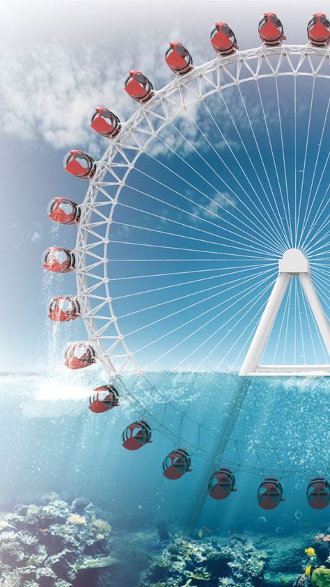 SEA AND SKY FERRIS WHEEL adds more excitement to lower spots of a Ferris wheel ride by taking passengers into an underwater world experience. #RedDot #DesignConcept #Play Vintage Futurism, Wheel In The Sky, Ferris Wheels, Magic Land, Hello December, Wheel Design, Vantage Point, Fun Fair, Safari Park