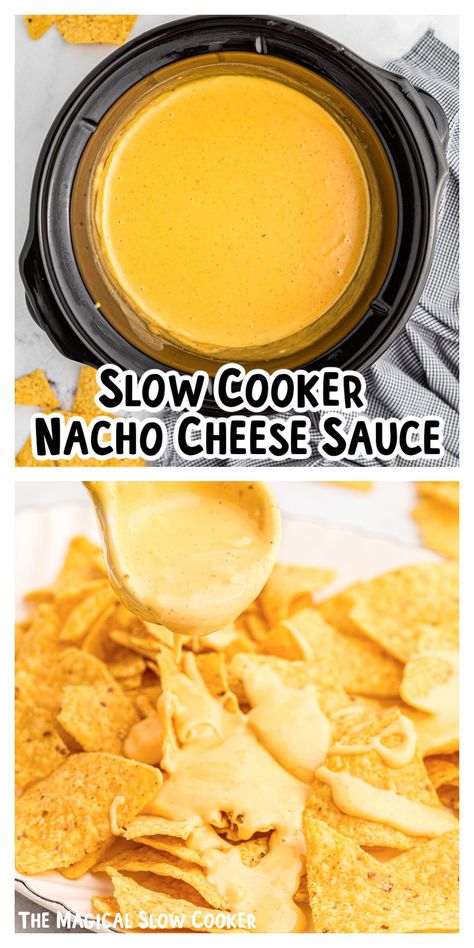 Slow Cooker Nacho Cheese Sauce, Nacho Crockpot Recipe, Crockpot Nachos Cheese, Easy Crockpot Nacho Cheese Dip, Nachos In Crockpot, Homemade Nacho Cheese Sauce Crockpot, Velvetta Cheese Nacho, Slow Cooker Cheese Sauce, Nachos Recipe Velveeta