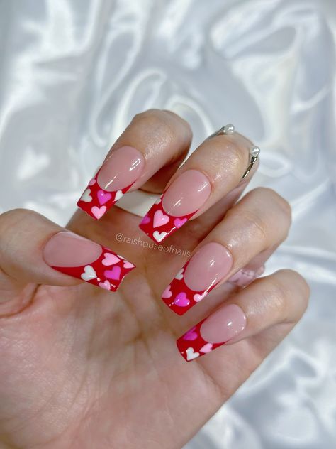 Medium Nails Valentines Day, Valentines Day French Tip Nails Short, Girly Acrylics, Nails Sets, French Pink, February Nails, Nail Prep, Nail Sets, Nails Red