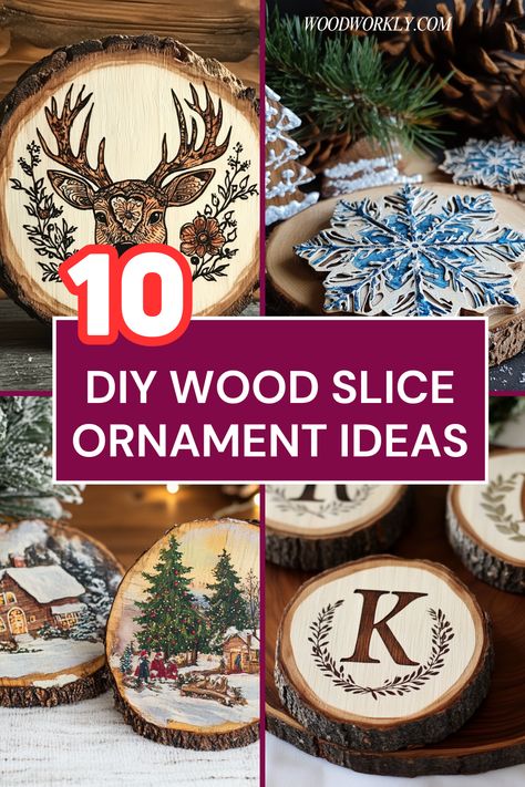 Get inspired with unique wood slice ornament ideas! Perfect for DIY holiday decorations and personalized gifts. Click to explore fun and easy designs! #WoodOrnaments #DIYDecor #HolidayCrafts #Woodworking #HandmadeGifts Coasters From Wood Slices, Wooden Discs Ideas Tree Slices, Sliced Wood Ornaments Diy, Wood Slices Crafts Christmas, Christmas Wood Slice Ornaments Diy, Wood Slice Ornament Ideas Diy Crafts, Personalized Wood Slice Ornaments, Ideas For Wood Slices, Wood Slice Art Ideas