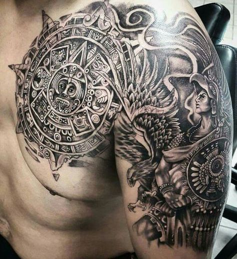 In the world of tattoos what tends to attract the attention of most is the ancient Aztec art form. Aztec tattoos for men features everything from humans to nature, with rattlesnakes tending to be the… Tattoo Bras Homme, Aztec Tattoos Sleeve, Aztec Warrior Tattoo, Azteca Tattoo, Tato Suku, Tato Dada, Mayan Tattoos, Aztec Tattoos, Cool Shoulder Tattoos