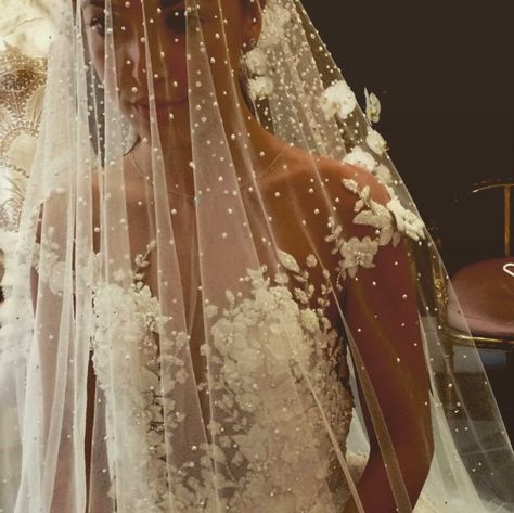 This stunning bride is wearing a jaw-dropping number of pearls. Wedding Dress And Veil, Walk Down The Aisle, Moda Chic, A Wedding Dress, Wedding Veils, Wedding Veil, Fairytale Wedding, Bridal Veil, Gorgeous Wedding