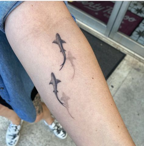 Shark Ankle Tattoos For Women, Wale Shark Tattoos, Sealife Tattoo Sleeve, Shark Tattoo Shadow, Shark Swimming Tattoo, Diver Tattoos, Shark Tattoos For Women, Critical Role Tattoo, Shark Fin Tattoo