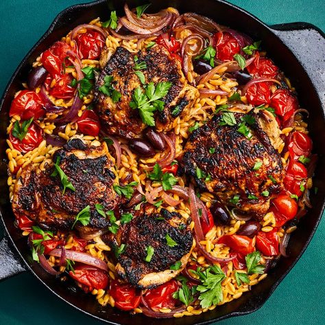 Skillet Chicken with Orzo & Tomatoes Mediteranian Dishes, Meditrainian Diet, Medditeranean Diet, Feta Wrap, Mediterranean Keto, Chicken With Orzo, Galveston Diet, Vegan Mediterranean, Dash Recipe