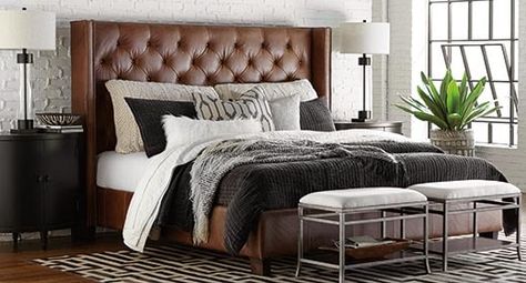 Brown Leather Headboard, Leather Headboard Bedroom, Brown Leather Bed, Winged Bed, Rug Placement, Upholstery Bed, Leather Headboard, Bassett Furniture, Leather Bed