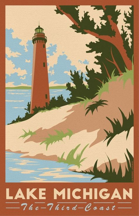 Michigan Poster, Lake Lighthouse, Canvas Gallery Wall, Michigan Art, Lighthouse Art, Lake Art, Travel Stickers, National Parks Trip, Light House