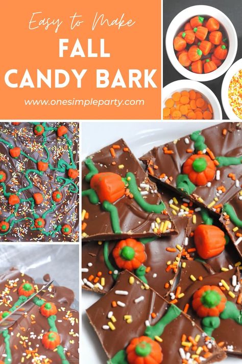 Candy Bark Recipes, Fall Snack Mixes, Thanksgiving Chocolates, Bark Recipes, Fall Pumpkin Patch, Dark Chocolate Candy, Pumpkin Candy Corn, Fall Candy, Candy Bark