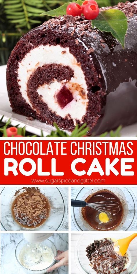 Christmas Cake Roll, Cream Cheese Whipped Cream, Chocolate Swiss Roll, Chocolate Roll Cake, Yule Log Cake, Dessert Parfait, Cake Roll Recipes, Log Cake, Holiday Sprinkles