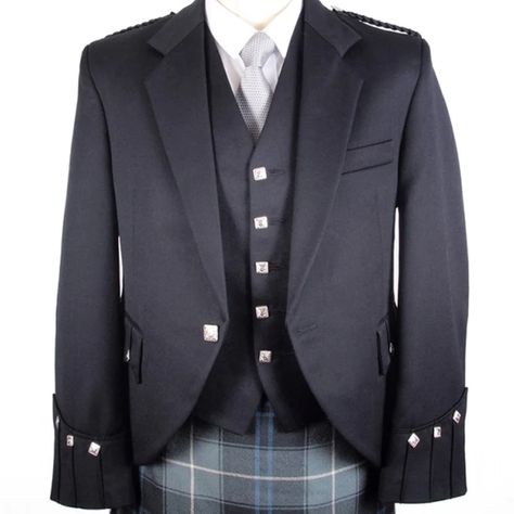 Campbell Tartan Shop Waistcoat Fashion, Kilt Jackets, Tweed Bag, Button Vest, Mens Formal, Stylish Jackets, Mixing Fabrics, Kilt, Black Jacket