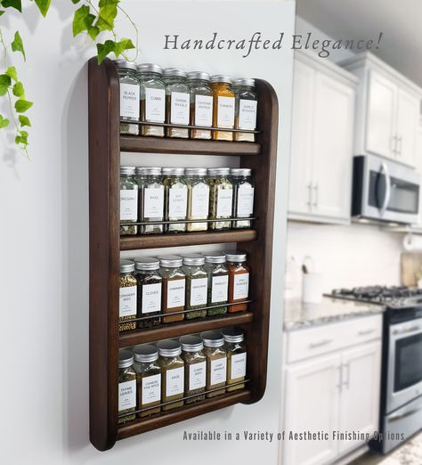 🌿 Introducing the Perfect Spice Storage Solution! 🌶️ Upgrade your kitchen organization with our sleek wall-mounted wooden spice rack! Crafted with elegance and functionality in mind, this spice rack adds a touch of sophistication to any culinary space.  This spice rack is crafted from solid pine  and accommodates 24, standard 4" tall x 1.5" wide 4 oz. spice bottles beautifully. The approximate dimensions (OF LISTING SAMPLE) are 24 inches in height 12.5 inches width and 3.0 inches in depth. You Spice Storage Solutions, Mounted Spice Rack, Wall Spice Rack, Spice Organizer, Wall Mounted Spice Rack, Wood Spice Rack, Spice Holder, Wooden Spice Rack, Spice Shelf