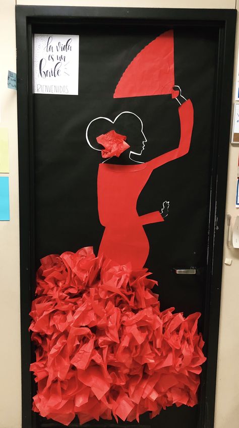 Flamenco dancer in honor of Hispanic Heritage Month, door decorating contest. (original design by @leannabinick) Spanish Heritage Door Decorations, Hispanic Month Door Decoration, Spain Door Decorations Classroom, Spanish Heritage Month Decorations, Hispanic Heritage Door Decoration Ideas, Hispanic Heritage Month Classroom Door, Hispanic Heritage Door Decoration, Spanish Decorations, Spanish Classroom Door