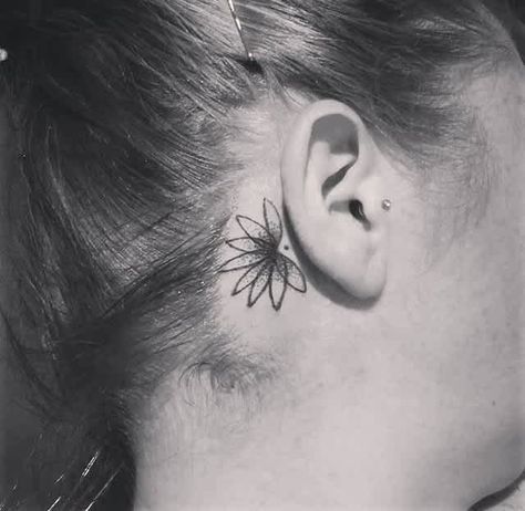 Daring dot work. Lotus Flower Tattoo Behind Ear, Flower Tattoo Behind Ear, Behind The Ear Tattoos, Behind Ear Tattoos, Sunflower Tattoo Small, Tattoo Behind Ear, Tree Tattoo Small, Tattoo Red, Red Tattoo