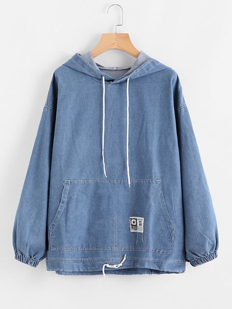 Shop Drawstring Hood Kangaroo Pocket Denim Sweatshirt online. SheIn offers Drawstring Hood Kangaroo Pocket Denim Sweatshirt & more to fit your fashionable needs. Jaket Denim, Denim Sweatshirt, Sweatshirts Online, Blue Top, Mode Inspiration, Teen Fashion Outfits, Pullover Sweatshirts, Denim Shop, Mode Outfits