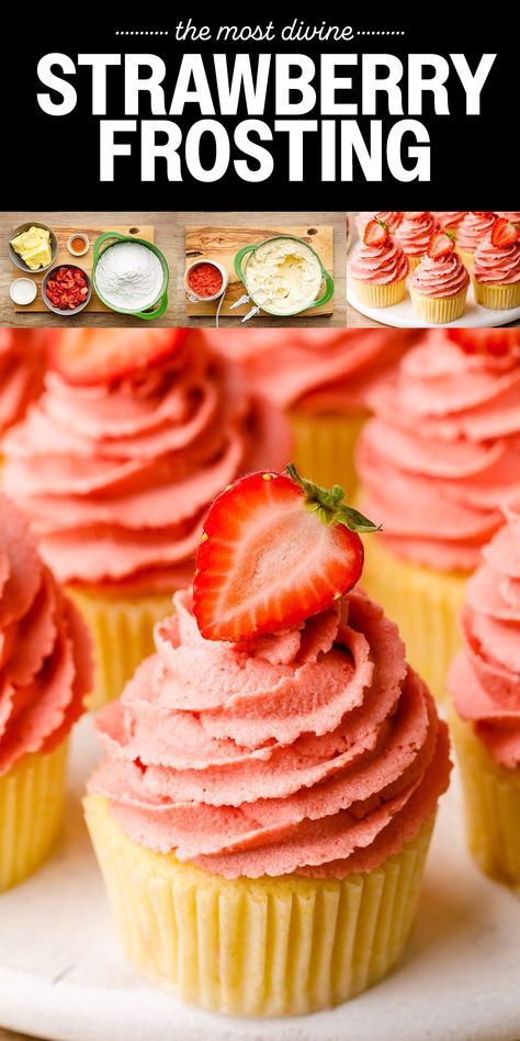 Buttercream Strawberry Frosting - Nurtured Homes Strawberry Frosting Recipes, Strawberry Snacks, Strawberry Buttercream Frosting, Strawberry Icing, Strawberry Frosting, Homemade Frosting, Strawberry Buttercream, Strawberry Flavor, Cupcake Icing