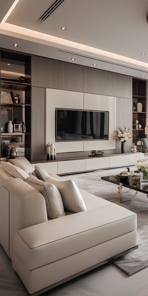 An expansive L-shaped sofa transforms the living space, exuding a contemporary flair. The penthouse's living room elegantly integrates the TV unit, highlighting modern interior design techniques. Family Room Wall Unit, Modern Elegant Living Room, Modern Apartment Living Room, Muar, تصميم داخلي فاخر, Latest Living Room Designs, تصميم للمنزل العصري, Apartment Living Room Design, Living Room Design Inspiration