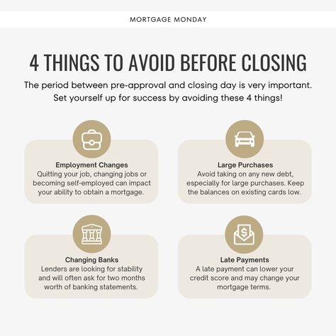 Keep your home purchase on track by avoiding these 4 things before closing day! 🚫 There are many steps to buying a home, from mortgage pre-approval to submitting an offer. ✔️ Once a seller accepts an offer, the escrow period begins. Before you're handed the keys on closing day, a lender has to approve the loan. Escrow doesn't close until the loan is funded and the final closing documents are signed. ⏰ This escrow period is crucial for the buyer! Lenders are paying very close attention durin Realtor Video Ideas, Loan Officer Marketing Ideas, Real Estate Marketing Quotes, Real Estate Marketing Plan, Pre Approval, Buying First Home, Real Estate Training, Mexico Real Estate, Realtor Social Media