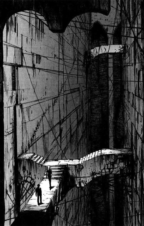 One of the panels of manga book Blame!, created by Tsutomo Nihei. Epic stuff.: Blame Manga, Tsutomu Nihei, Invisible Cities, Perspective Art, Arte Cyberpunk, Cyberpunk Art, Environment Concept Art, Environmental Art, Architecture Drawing