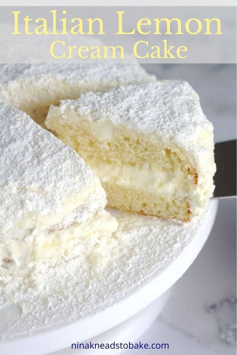 A cake slice being lifted from the rest of the cake. Italian Lemon Cream Cake Recipe, Lemon Cream Cake Recipe, Italian Lemon Cream Cake, Lemon Mascarpone Cream, Single Layer Cake, Speciality Cakes, Fluffy Vanilla Cake, Lemon Cream Cake, Lemon Mascarpone