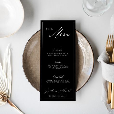 Black Script Minimalist Wedding Menu Sign, Printable Modern Wedding Menu, 4x9 Menu, Birthday Menu Card Template, edit in Corjl by CreativePapier on Etsy Buffet Menu Cards, Black Minimalist Wedding, Birthday Menu Card, Wedding Menu Sign, Menu Card Template, Birthday Menu, Decoration Evenementielle, Menu Sign, Black Minimalist