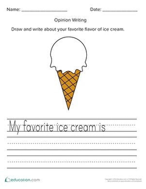 First Grade Building Sentences Writing Sentences Writing Stories Worksheets: My Favorite Ice Cream: Opinion Writing Ice Cream Writing Activities, August Worksheets, Ice Cream Writing, Ice Cream Worksheet, Opinion Writing Kindergarten, Kindergarten Management, Kindergarten Journals, Building Sentences, Elementary Writing Prompts