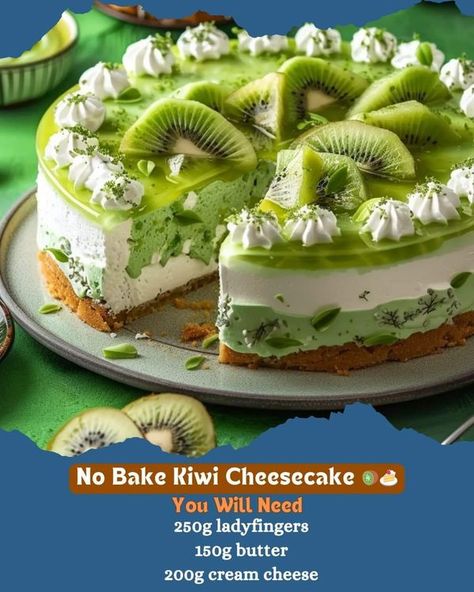 Easy Diabetic Recipes | This refreshing Kiwi Torte is perfect for warm days and requires no baking | Facebook Overripe Kiwi Recipes, Kiwi Torte, Bussin Food, Kiwi Recipes, Cheesecake Recipes Classic, Creamy Cheese, Cheesecake Recipes, 4th Birthday, No Bake