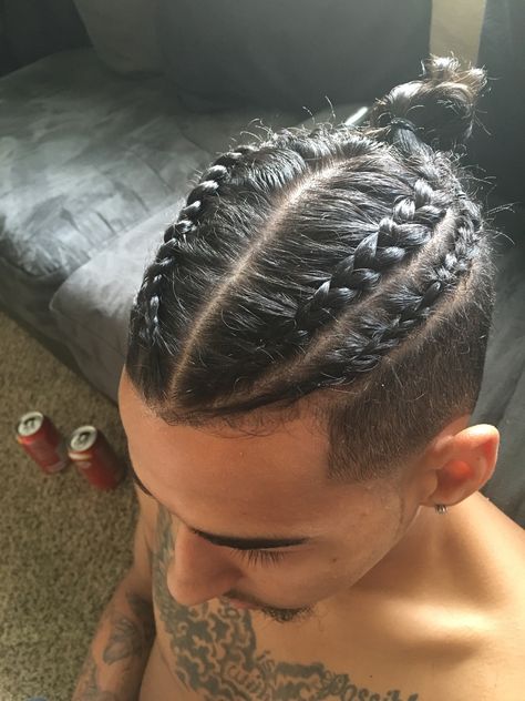 Male Braids Long Hair, Men’s Two Braids, French Braid On Men, Mens Braid Ideas, Men Dutch Braid, Easy Braided Hairstyles For Men, Man Bun With Braids, Undercut Braids Hairstyles Men, White Boy Braids Hairstyles