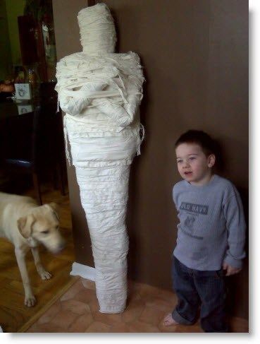 I think this mummy project is totally awesome and all the kids in my neighborhood would be extremely frightened when they walk up our drive and with the right lighting terrified! Heather McKnight H… Egyptian Party, Recycled Stuff, Mummy Halloween, Halloween Memes, Adornos Halloween, Halloween Mummy, Halloween Goodies, Halloween Yard, Halloween Door