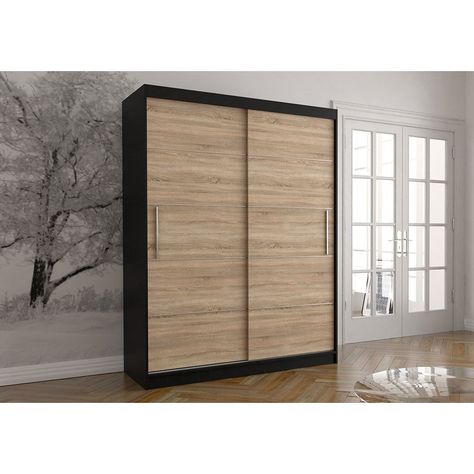 Ellegant two sliding door wardrobe design in black color body and sonoma oak color fronts Finish: Black/Brown Brown Sliding Wardrobe, Door Wardrobe Design, 2 Door Sliding Wardrobe, Sliding Door Wardrobe Designs, Sliding Door Wardrobe, Wardrobe Solutions, Door Sliding, Sliding Wardrobe, Sonoma Oak