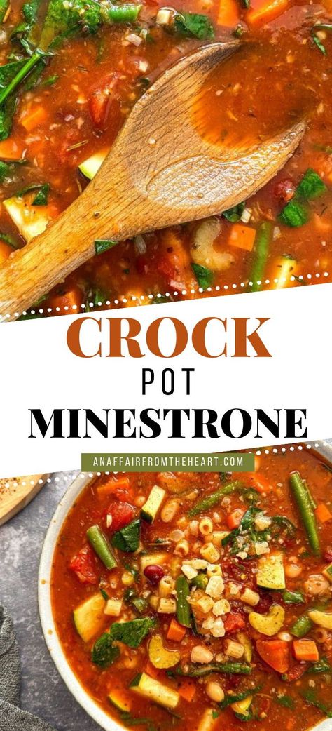 This Minestrone Soup is chock full of fresh vegetables, and so simple to make. Everything, including a jar of pasta sauce, goes right in the crock pot so you can set it and forget it, making this the perfect soup recipe for busy weeknights to lazy weekends. Canned Minestrone Soup, Progresso Minestrone Soup Recipe, Beef Minestrone Soup Crockpot, Minnestonie Soup, Minnistronie Soup Recipe, Minastonie Soup, Crockpot Minestrone Soup Recipe, Mini Crockpot Recipes For One, Ministroni Soup Recipe