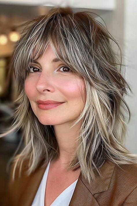 Lob With Curtain Bangs, Lob Haircut With Bangs, Cool Blonde Balayage, Layered Curly Haircuts, Shaggy Lob, Gray Blending, Rocker Hair, Shaggy Short Hair, Bangs For Women