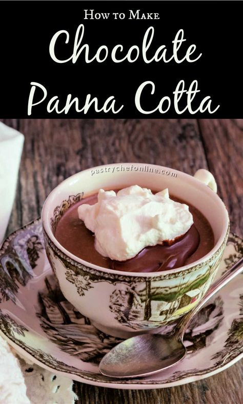 Chocolate panna cotta is an easy dessert to make, and it's fun to eat individual desserts. No sharing! Chilled desserts are perfect for summer, and you can make these a few days ahead and have them waiting for you. Besides, who doesn't love a chocolate dessert? #chocolatepannacotta #pannacotta #individualdesserts #chilleddesserts #summerdessert #pastrychefonline Belarus Recipes, Chocolate Panna Cotta, Gluten Free Chocolate Recipes, Dessert To Make, Panna Cotta Recipe, Winter Drink, Savory Bites, Chilled Desserts, Homemade Snickers