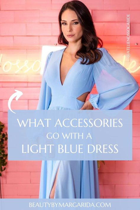 Looking for ideas on how to accessorize your light blue dress? Look no further! Our guide has got you covered with tips on the best jewelry, shoes, purse, and nail polish to pair with your pale or light blue dress! Dress: Ateliê Nosso Cabide Sky Blue Dress Jewelry, Light Blue Dress Accessories, Nails For Sky Blue Dress, Pale Blue Dress Outfit, Shoes For Light Blue Dress, Jewelry For Blue Dress, Blue Dress Gold Jewelry, Powder Blue Dress Outfit, Blue Dress Gold Accessories