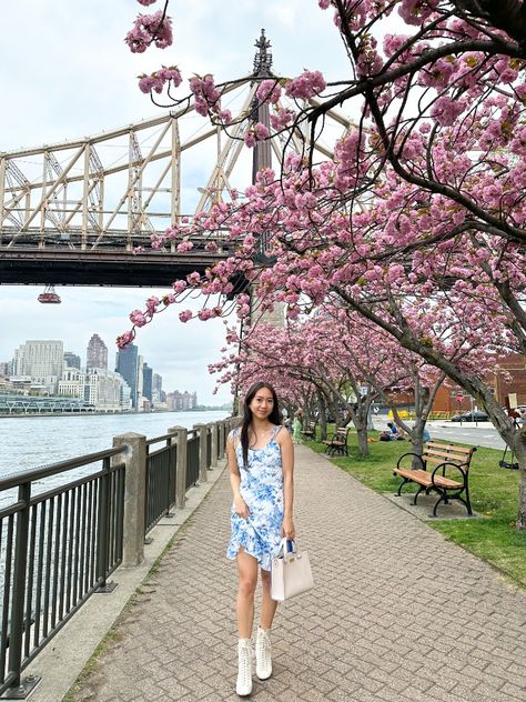 cherry blossoms nyc roosevelt island sakura spring blue floral dress white boots kate spade rihoas petite asian girl kfashion kstyle feminine girly Nyc Places, Floral Dress White, Roosevelt Island, Blue Floral Dress, Quiet Luxury, White Floral Dress, White Boots, Floral Blue Dress, Nyc Fashion