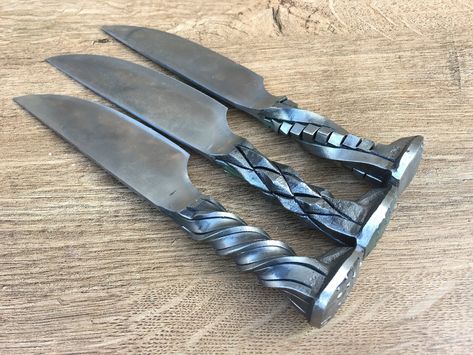 "A set of 3 railroad spike knives, railroad spike knife, iron gifts, industrial art, steampunk, iron anniversary gift, iron gift for him Are you looking for an unusual hand forged knife? You are at the right shop! Here is a set of 3 forged hand made knives with different surface structure (in a view of waves, twisted cubes, pine-apple surface). This is a great groomsmen gift, corporate gift, usher gift, groom gift, father of the bride gift, 6th anniversary gift (iron year), 11th anniversary gift Iron Gifts For Him, Railroad Spike Knife, 11th Anniversary Gifts, Usher Gifts, Bronze Anniversary Gifts, Iron Anniversary Gifts, Bronze Gifts, 6th Anniversary Gifts, Art Steampunk