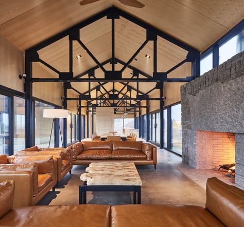 Photo 5 of 19 in Three Cor-Ten Steel Pavilions Make Up This Art Collectors’ Rugged Retreat - Dwell Ceiling Architecture, Cor Ten Steel, Cathedral Ceilings, Cathedral Ceiling, Wood Burning Fireplace, Coastal Homes, Concrete Floors, Architecture House, Home Interior