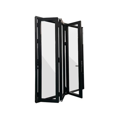 Low track system.. Double tempered glass filled with argon gas.. Thermally broken aluminum, black, powder coated color.. Eris Bifold Doors 72-in x 80-in x 3-in Jamb Low-e Argon Black Aluminum Folding Right-Hand Outswing Patio Door | BFO-7280-3R Acordian Doors, Bifold Exterior Doors, Folding Glass Patio Doors, Accordian Door, Folding Doors Exterior, Bifold Patio Doors, Accordion Door, Folding Patio Doors, Patio Windows