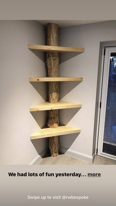 Rustic Bookshelves, Vintage Apartment Decor, Wood Corner Shelves, Colorado Design, Rustic Log Furniture, Tree Bookshelf, Log Wall, Bamboo House Design, Vintage Apartment