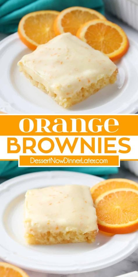 These Orange Brownies are dense and moist like fudgy brownies, without any chocolate. Orange zest and juice flavor both the bars and cream cheese frosting for a sweet citrus dessert. Easy Desserts With Oranges, Creamy Frozen Orange Squares, Orange Cream Brownies, Citrus Cookie Recipes, Cream Cheese Blondies Recipe, Fresh Orange Recipes Desserts, Easy Citrus Dessert, Recipes With Fresh Orange Juice, Orange Juice Desserts