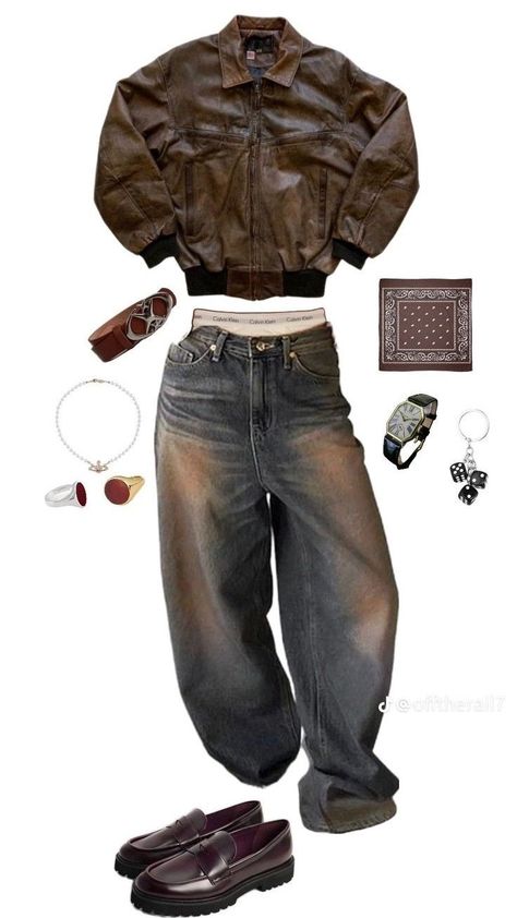 inspo Masc Vintage Outfits, Masc Inspo Outfits, Vintage Leather Jacket Outfit Men, Vintage Fits Men, Brown Color Combinations Outfits, Outfit Ideas Masc, Brown Streetwear Outfit, Masc Outfit Ideas, Vintage Streetwear Men Outfits