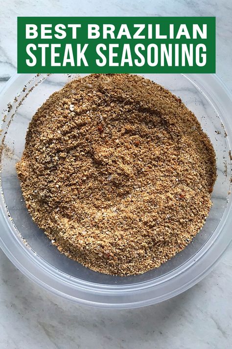 This Brazilian Steak Seasoning is smokey, savory, and full of incredible flavor. Add to steak, chicken, fish, or veggies to enhances the natural flavors. #steakseasoning #grillingseasoning #beefseasoning Montana Steak Seasoning Recipe, Brazilian Steakhouse Seasoning Recipe, Brazilian Steak Seasoning, Brazilian Steak Marinade, Brazilian Seasoning Recipe, Brazilian Steakhouse Recipes, Steak Seasoning Recipes Rubs, Meat Seasoning Recipes, Brazilian Steakhouse Marinade