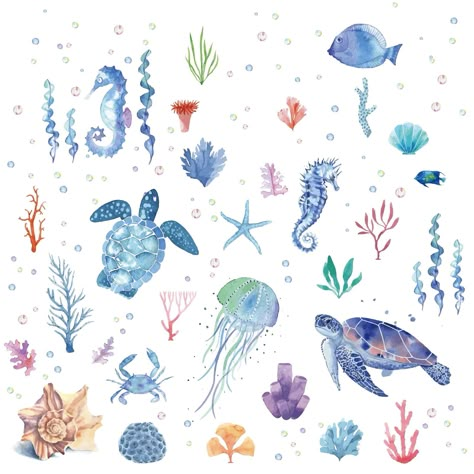 PRICES MAY VARY. Ocean Animal Wall Decals: Turtle, seahorse, jellyfish, water grass, coral, crab, fish, shell, starfish, conch. 8 styles, 2 sheets of each style. Ocean Wall Decor Stickers Size: about 7.87 inch(20cm) wide, 5.91 inch(15cm) long. Translucent decals, self-adhesive stickers, easy to install and peel off and will not leave glue on the wall. Reliable Material: Made of high quality PVC material, non toxic, odorless, safe and environmentally friendly. Ocean wall sticker has clear printin Sustainable Branding, Window Cling Vinyl, Home Office Nursery, Animal Decals, Sea Life Animals, Wall Clings, Ocean Wall Decor, Sewing Supplies Storage, Animal Wall Decals